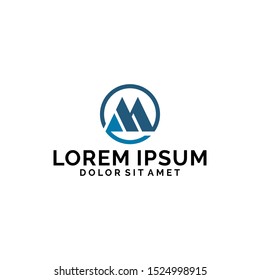 Initial letter M logo template with circle abstract mountain symbol in flat design monogram illustration