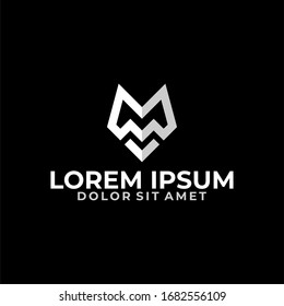 Initial letter M logo template with geometric fox head line art illustration in flat design monogram symbol