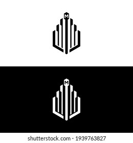 Initial letter M logo template in hexagon building. skyscraper. tower