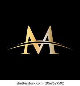 Initial letter M logotype company name colored gold swoosh design for business and company identity. M Logo Design Luxury Template