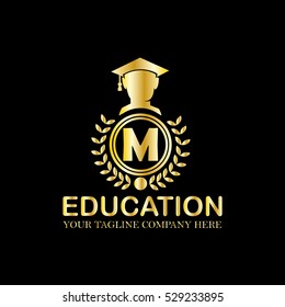 Initial Letter M Luxury Gold Logo in the Circle and Wheat With People Use Academic Gown Icon, This logo is good emblem for education course institute or organization