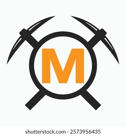 Initial Letter M Mining Logo Combine With Pickaxe Symbol Vector Template