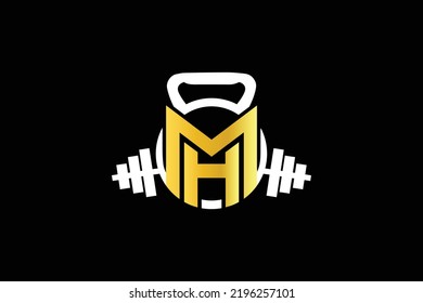 Initial Letter M MM MH HM Monogram Vector Barbell and kettlebell logo design