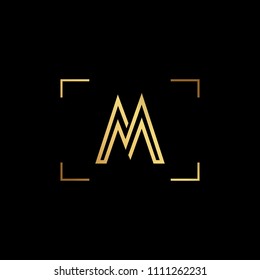 Initial letter M MM minimalist art monogram shape logo, gold color on black background