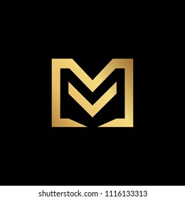 Initial letter M MM minimalist art monogram shape logo, gold color on black background