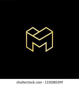 Initial letter M MM minimalist art monogram shape logo, gold color on black background