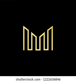 Initial letter M MM minimalist art logo, gold color on black background.