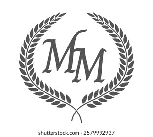 Initial letter M and M, MM monogram logo design with laurel wreath. Luxury calligraphy font.