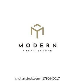 Initial Letter M Modern Architecture Building with Simple Hexagon Cube Line logo design