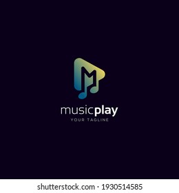 initial letter M music play button note logo design elements