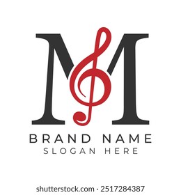 Initial Letter M with musical note Style icon. Alphabet M Music logo design