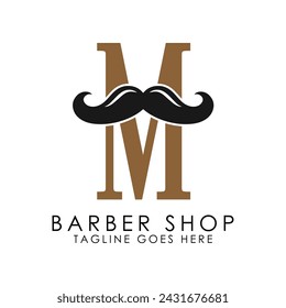 Initial Letter M Mustache Logo Design. Alphabet M Barber Shop Icon