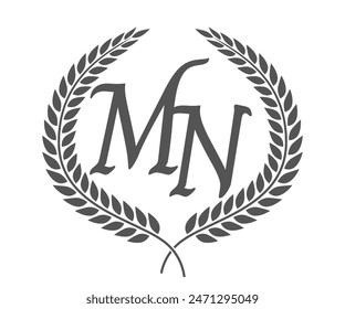 Letra inicial M y N, diseño del logotipo del monograma de MN con corona de laurel. Fuente de caligrafía de lujo.