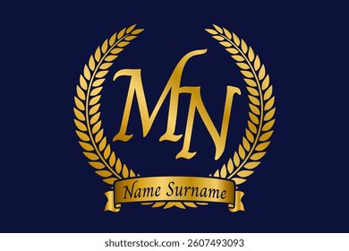 Initial letter M and N, MN monogram logo design with laurel wreath. Luxury golden calligraphy font.