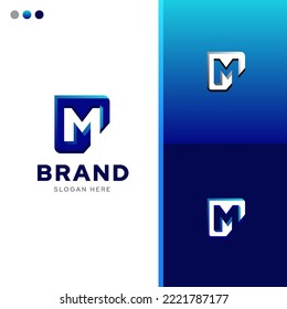 Initial letter M negative space digital creative concept logo design idea template vector with blue tricolor combination