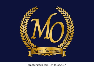 Initial letter M and O, MO monogram logo design with laurel wreath. Luxury golden calligraphy font.