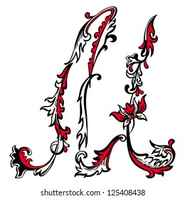 Initial letter M on a white background. Abstract vector floral pattern