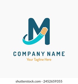 Initial Letter M with Optical Fiber, Electric Wire for Technology Business Logo Idea. Connection, Telecommunication, Cabling Provider Repair Logo Vector