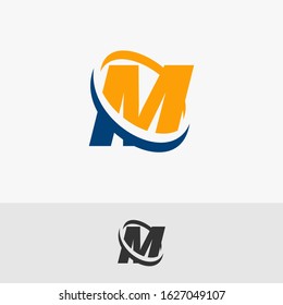 initial letter M with oval swirl in blue and orange. logo template for company and business