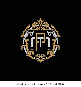 Initial letter M and P, MP, PM, decorative ornament emblem badge, overlapping monogram logo, elegant luxury silver gold color on black background