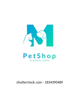 Initial letter M. Pet logo design template. Modern animal icon for store, veterinary clinic, business service. Logo with cat and dog concept.
