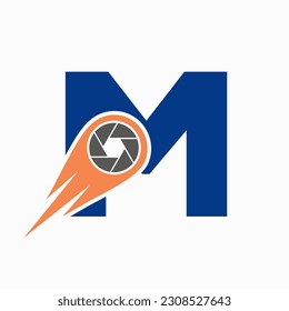 Letra inicial M Concepto de lente de cámara con logotipo fotográfico. Plantilla de símbolo de fotografía
