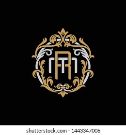 Initial letter M and R, MR, RM, decorative ornament emblem badge, overlapping monogram logo, elegant luxury silver gold color on black background