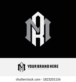 Initial letter M, R, MR or RM overlapping, interlock, monogram logo, white and gray color on black background