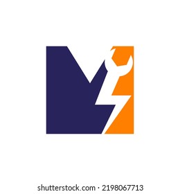 Initial Letter M Repair Wrench And Volt Power Logo Design For Repair, Electrical Sign Vector Template