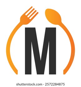 Initial Letter M Restaurant Logo Design Concept With Spoon and Fork Symbol Vector Template