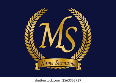 Initial letter M and S, MS monogram logo design with laurel wreath. Luxury golden calligraphy font.