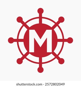 Initial Letter M Sailing Logo Design Vector Template Concept with Steering Ship Symbol