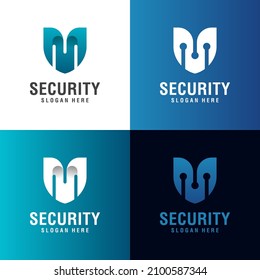 initial letter M secure technology logo with shield symbol, icon design for cyber army, security system