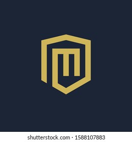 initial Letter M with Shield frame line art element. Shield Line geometry  for Security logo. Logo Icon Template for Web and Business Card, Letter Logo Template on Black Background. - vector