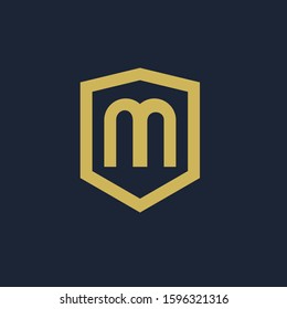 initial Letter M with Shield frame line art element. Shield Line geometry  for Security logo. Logo Icon Template for Web and Business Card, Letter Logo Template on Black Background. - vector