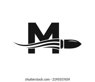 Initial Letter M Shooting Bullet Logo With Concept Weapon For Safety and Protection Symbol