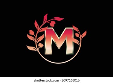 Initial letter M sign symbol with olive branch wreath, Round floral frame made by the olive branch