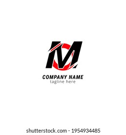 Ursprünglicher Buchstabe M hat hochmoderne Logo-Designvorlagen-Elemente in Scheiben geschnitten. Schwarzer Brief mit rotem Kreis einzeln auf weißem Hintergrund. Geeignet für Unternehmen, Beratungsgruppen, Firmenlogo