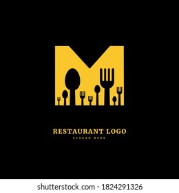 Initial letter M with spoon and fork for restaurant concept. letter M logo, fit for company and culinary business.