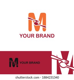 Initial letter M with spoon and fork for restaurant, catering, canteen, kitchen, cook logo design vector concept