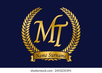Letra inicial M y T, MT diseño del logotipo del monograma con corona de laurel. Fuente de caligrafía dorada de lujo.
