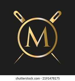 Initial Letter M Tailor Logo, Needle and Thread Combination for Embroider, Textile, Fashion, Cloth, Fabric Template