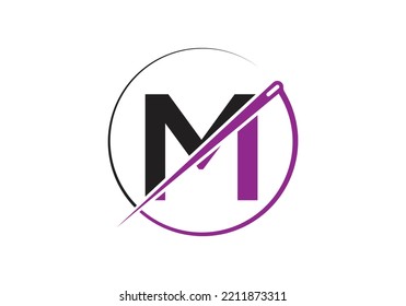 Initial Letter M With Tailor Logo, Needle and Thread Combination for Embroidery, Textile, Fashion, Cloth, Fabric Template.