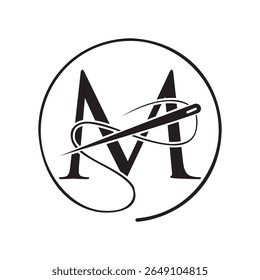 Letra inicial M logotipo alfaiate, agulha e logotipo de linha para vestuário, bordado, têxtil, moda, pano, sinal de tecido