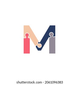 Initial Letter M with Team Puzzle Jigsaw Connectivity Logo Design Template Element
