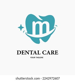 Letra inicial m con icono dental y sonrisa para la atención de salud dental y la clínica dental, plantilla de ideas con logotipo de negocios de odontología