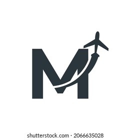 Initial Letter M Travel with Airplane Flight Logo Design Template Element