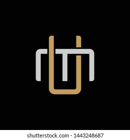Initial letter M and U, MU, UM, overlapping interlock logo, monogram line art style, silver gold on black background