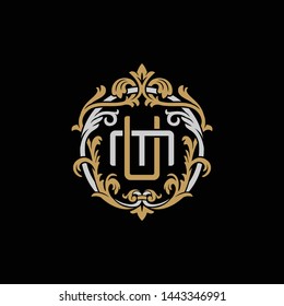 Initial letter M and U, MU, UM, decorative ornament emblem badge, overlapping monogram logo, elegant luxury silver gold color on black background