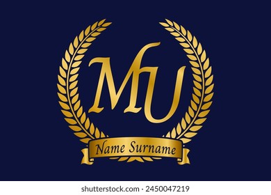 Initial letter M and U, MU monogram logo design with laurel wreath. Luxury golden calligraphy font.